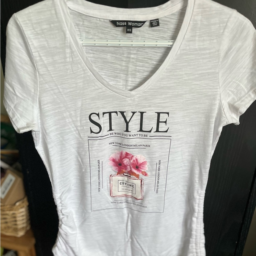 White Graphic Tee with Black Text and Floral Design